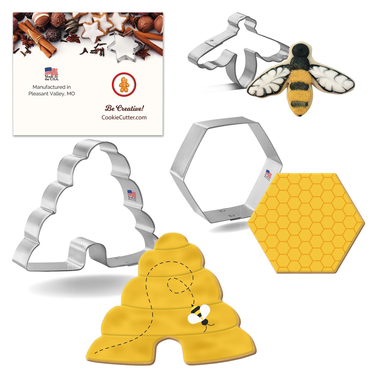 CookieCutter.com 3 Piece Summer Bee Hive Cookie Cutter Set Bee Hive, Mini Bumble Bee, Honey Comb Hexagon, Metal Shapes Made in USA, Silver